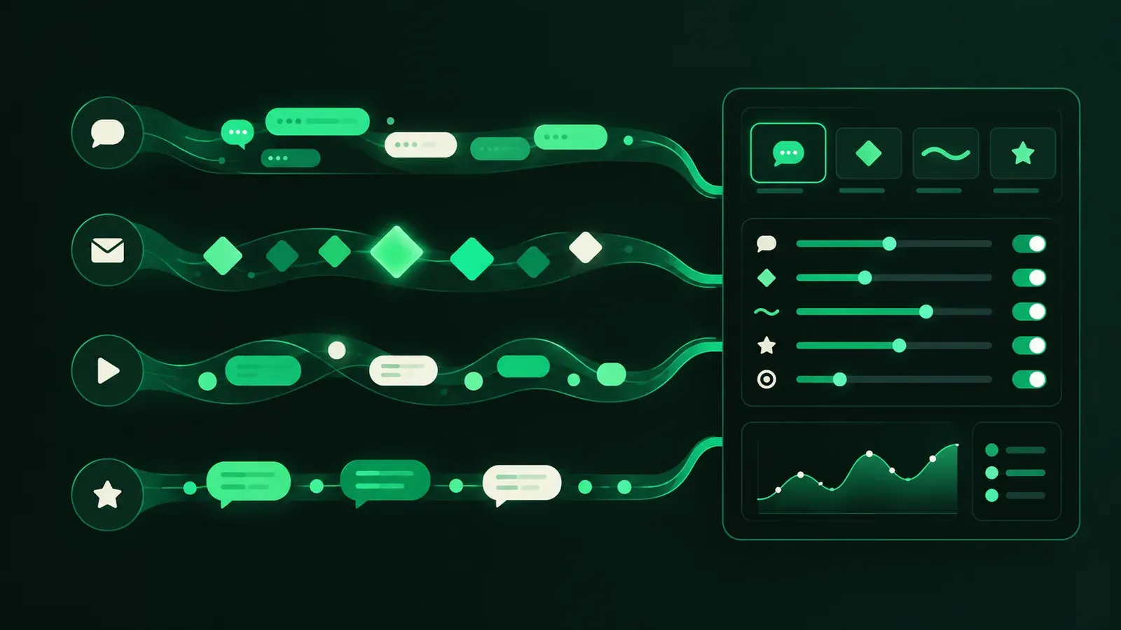 Plusieurs voies parallèles de flux de messages aux formes lumineuses différentes, à côté d'un panneau de commande avec curseurs et interrupteurs