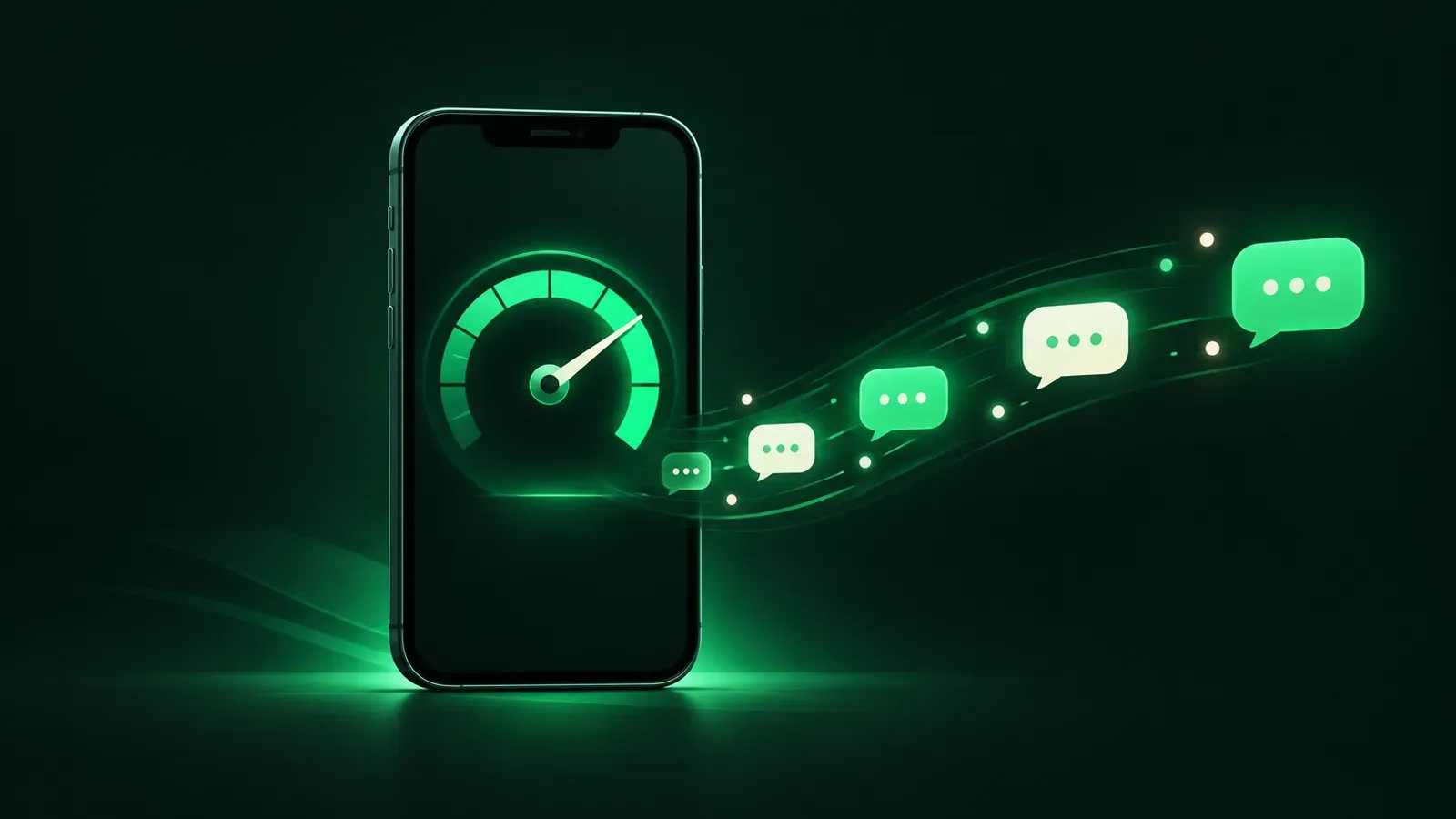 Une silhouette de téléphone avec un compteur de vitesse vert en zone sûre, d'où partent à rythme calme quelques bulles de conversation