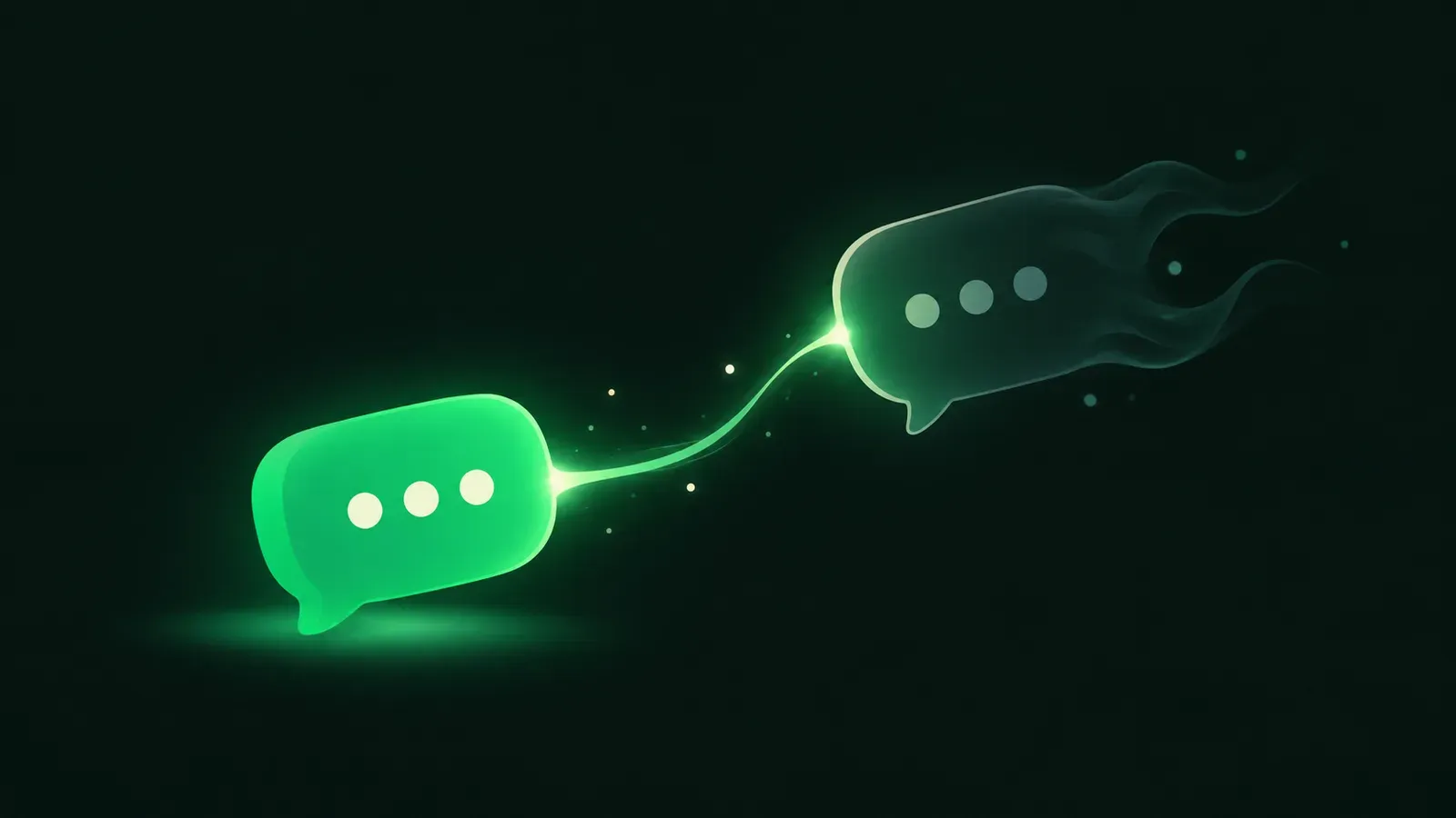 Une bulle de conversation qui s'efface en contour fantomatique, tandis qu'une bulle verte lumineuse tend un fil de lumière pour la ramener