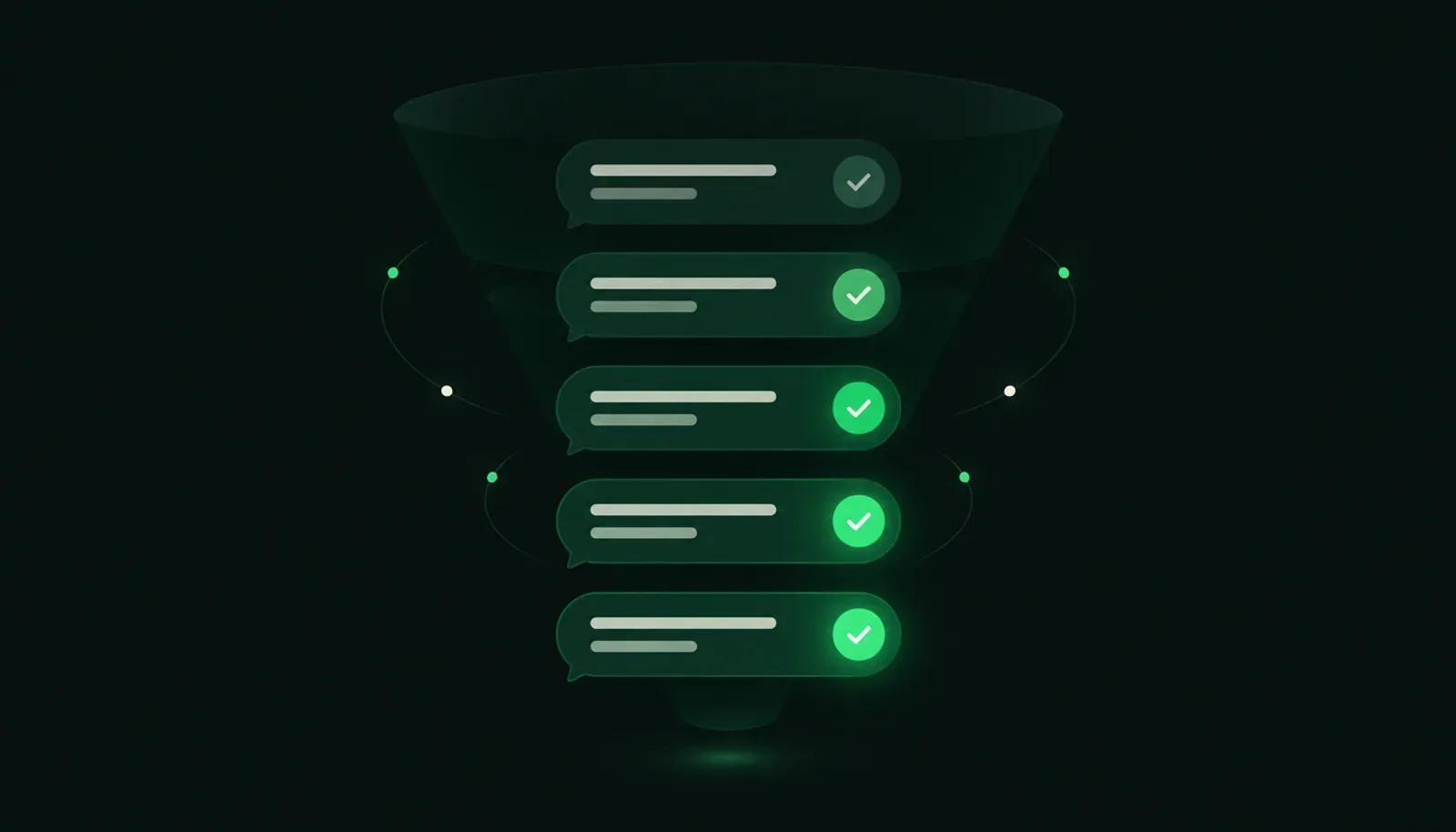 Un panneau de conversation avec cinq bulles de questions empilées dont les coches passent au vert une à une, devant un entonnoir discret