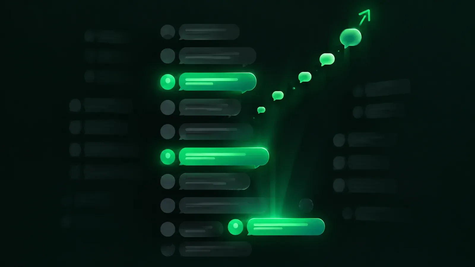 Une liste de conversations WhatsApp grisées, dont quelques bulles s'illuminent en vert et montent le long d'une flèche de croissance
