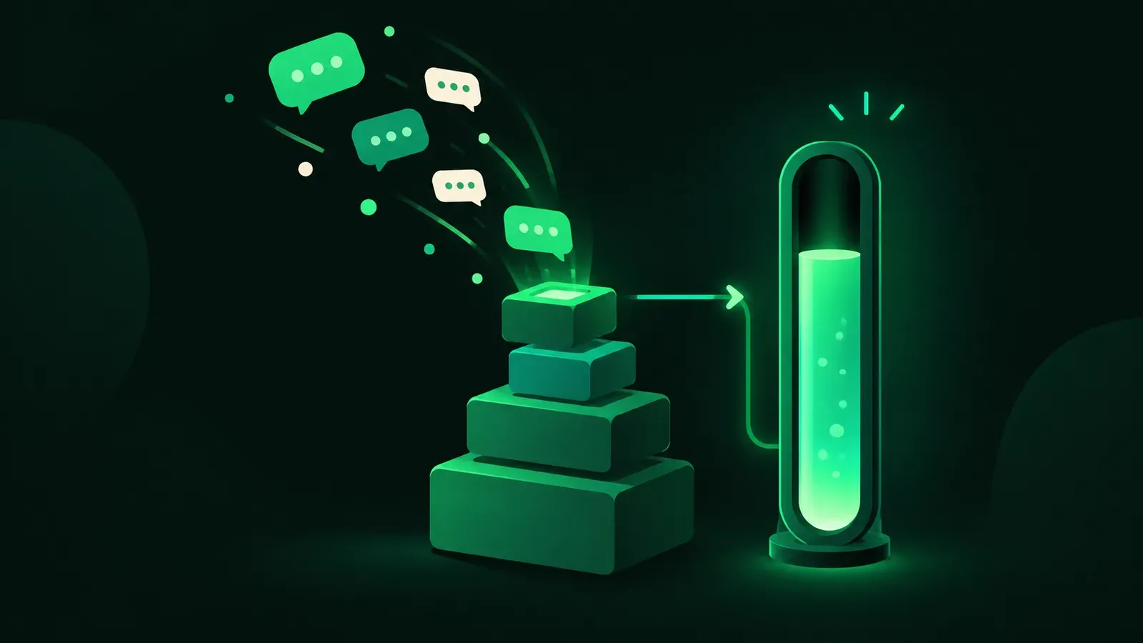 Une jauge verticale qui se remplit de lumière émeraude, alimentée par des blocs de tailles différentes et des bulles de conversation qui tombent dedans