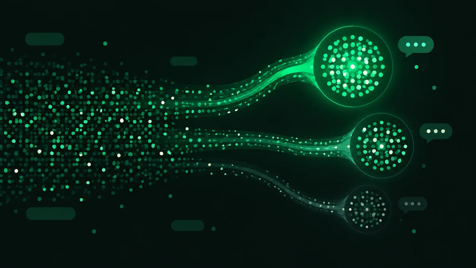 Un champ de petits points de contacts triés par des flux de lumière verte en trois grappes, l'une vive, l'une moyenne, l'une terne
